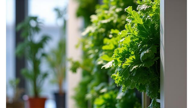 A modern vertical garden system filled with leafy greens like lettuce and spinach and small herbs, indoors against a clean wall, highlighting efficient space use.