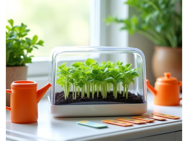 A sleek, small tabletop mini-greenhouse kit with seedlings just sprouting, surrounded by small plant markers, a tiny watering can, and seed packets, on a bright kitchen counter.