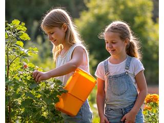 Children watering thriving plants in a summer garden, with colorful flowers and ripening vegetables. A summer gardening kit is near them.