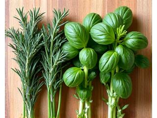 A collection of freshly picked culinary herbs, including rosemary, thyme, mint, and basil, arranged aesthetically on a rustic wooden table with soft natural light.