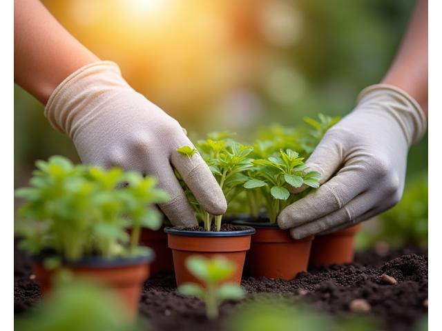 A close-up of hands tending to young seedlings in tiny pots, with gardening gloves visible, symbolizing nurturing expertise and new growth.