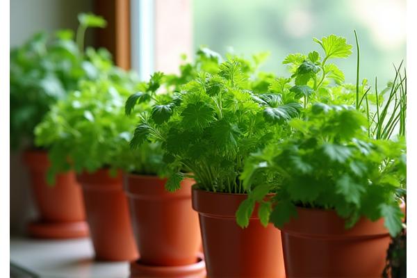 Fresh basil and vibrant parsley growing in small pots