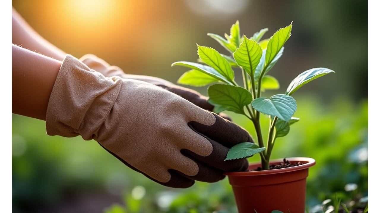 Pair of hands wearing comfortable, multi-purpose gardening gloves, gently tending to a vibrant green potted plant.
