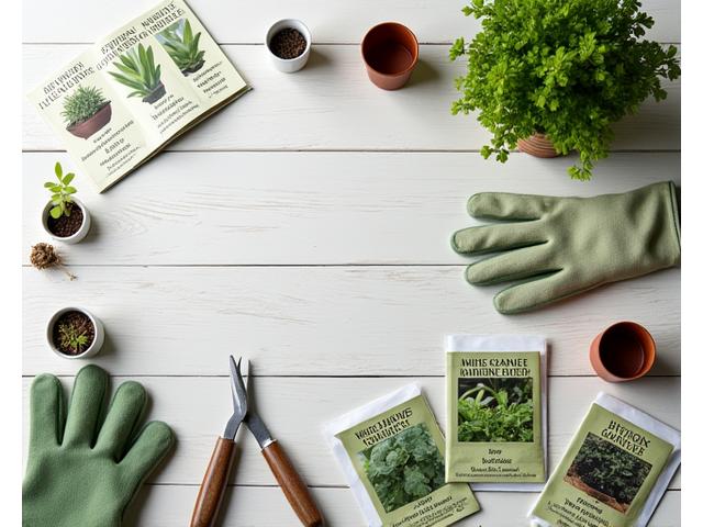 A bundle of essential gardening tools: seed packets, small pots, and a pair of gardening gloves.
