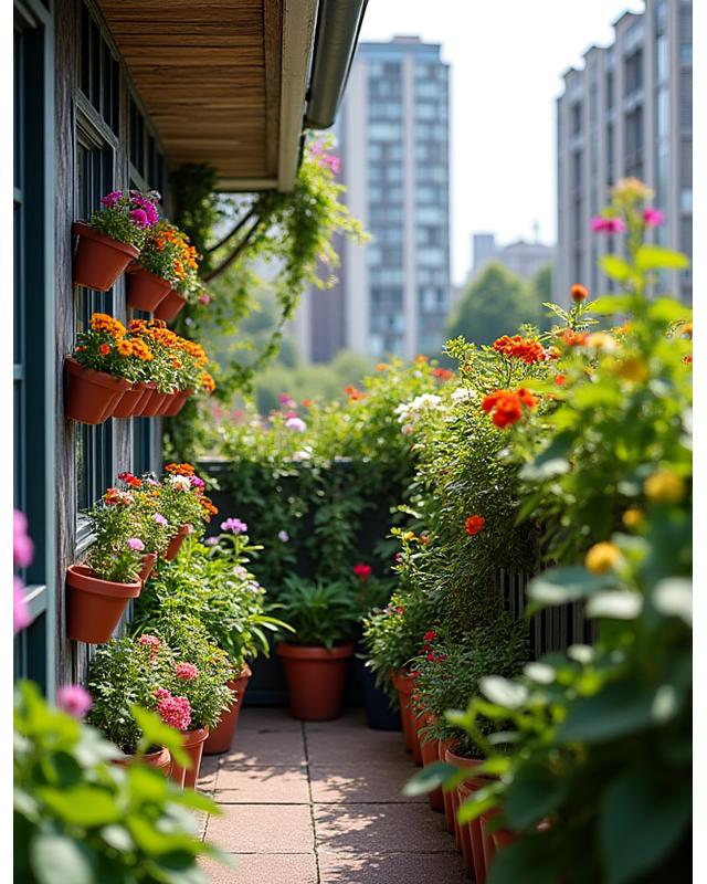 Small urban balcony transformed into a vibrant flower and vegetable oasis