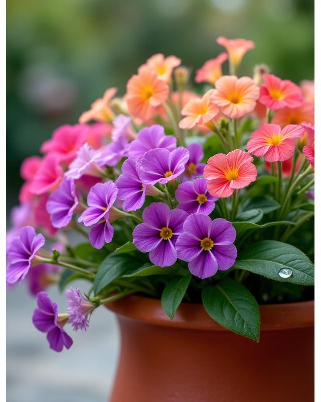 Vibrant spring container garden with pink and purple flowers