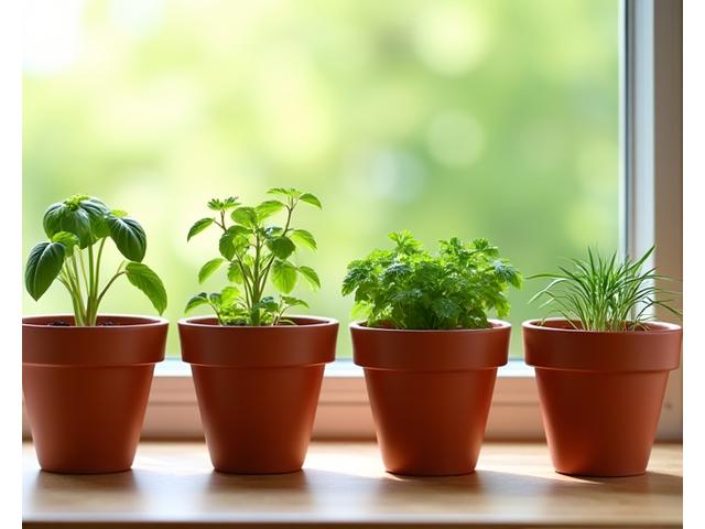 Set of four small terracotta pots with various young herb seedlings like basil and mint growing in them on a kitchen windowsill.