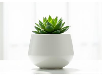 Small, round white ceramic pot with a green succulent plant inside, on a clean background.