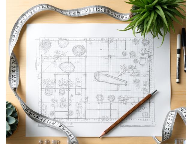 A garden plan sketch on graph paper with measuring tape and a pencil, symbolizing garden calculation.