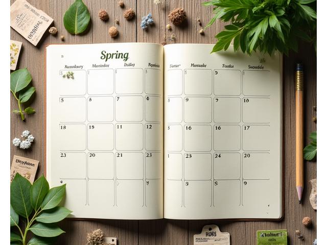 A rustic wall calendar with garden tools and seed packets, marked with planting dates for spring crops.